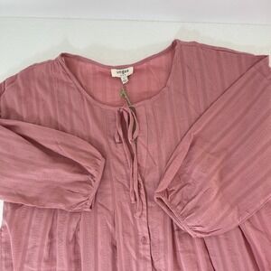 UMGEE USA Womens L Pink Textured Tie Neck Button Down 3/4 Sleeve‎ Tunic Top Boho
